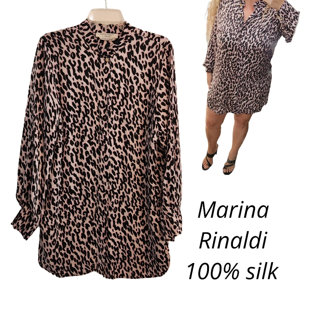 Marina Rinaldi 100% Silk  Animal Print Black Purple  Button Down Blouse Medium